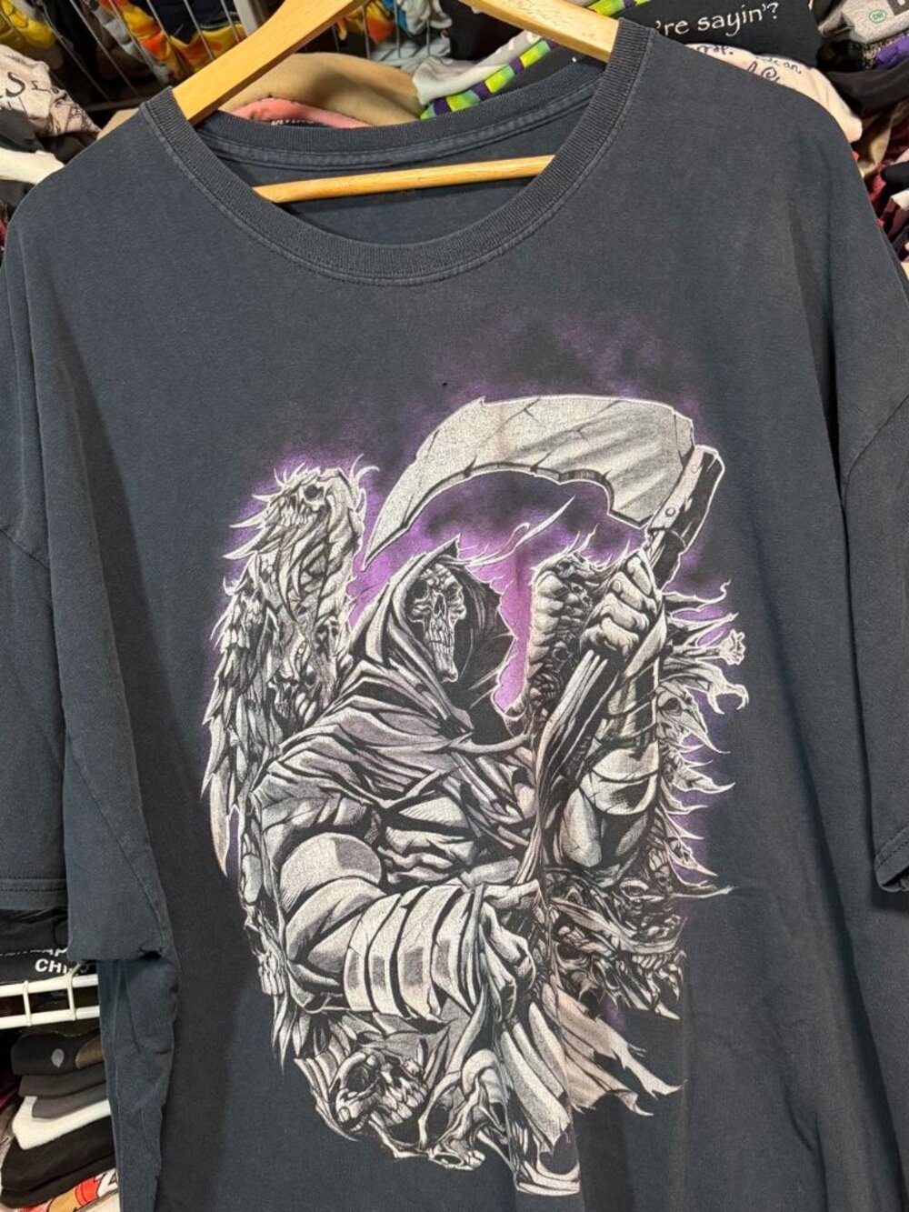Y2K Grim Reaper graphic t shirt black wings scythe purple smoke
